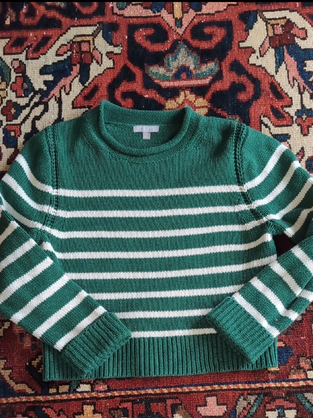 J. Crew Green and White Cotton Striped Crewneck Roll neck Sweater-cropped